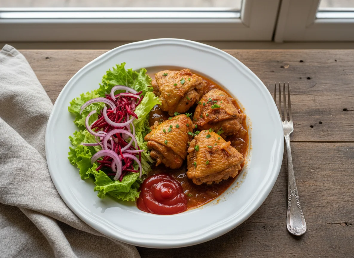 Frango ensopado com salada e ketchup photo