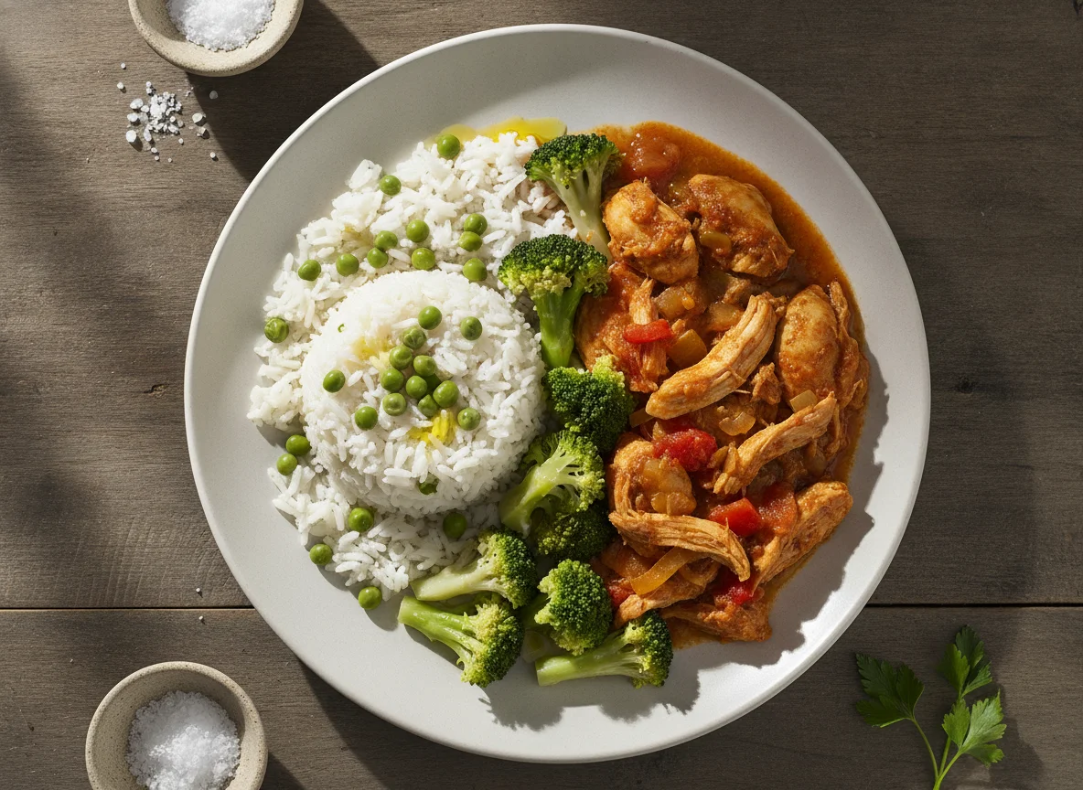 Frango estufado com arroz de ervilhas e brócolos photo