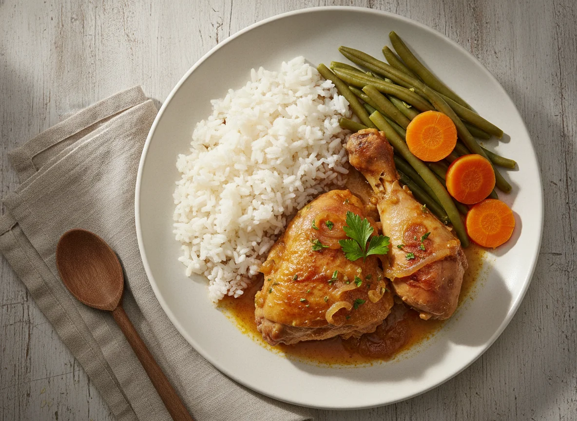 Frango estufado com arroz, feijão-verde e cenoura photo