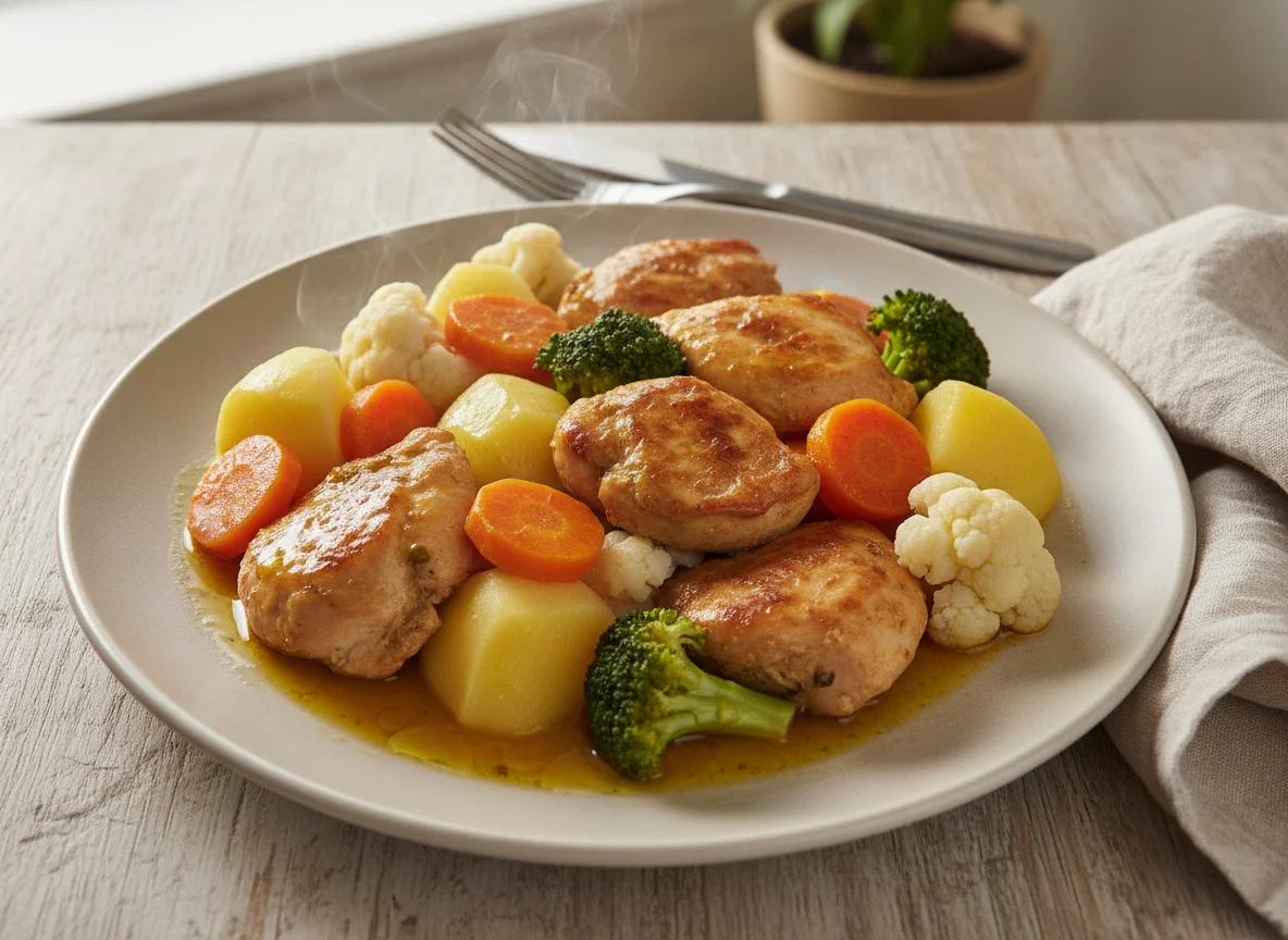 Frango estufado com legumes cozidos photo