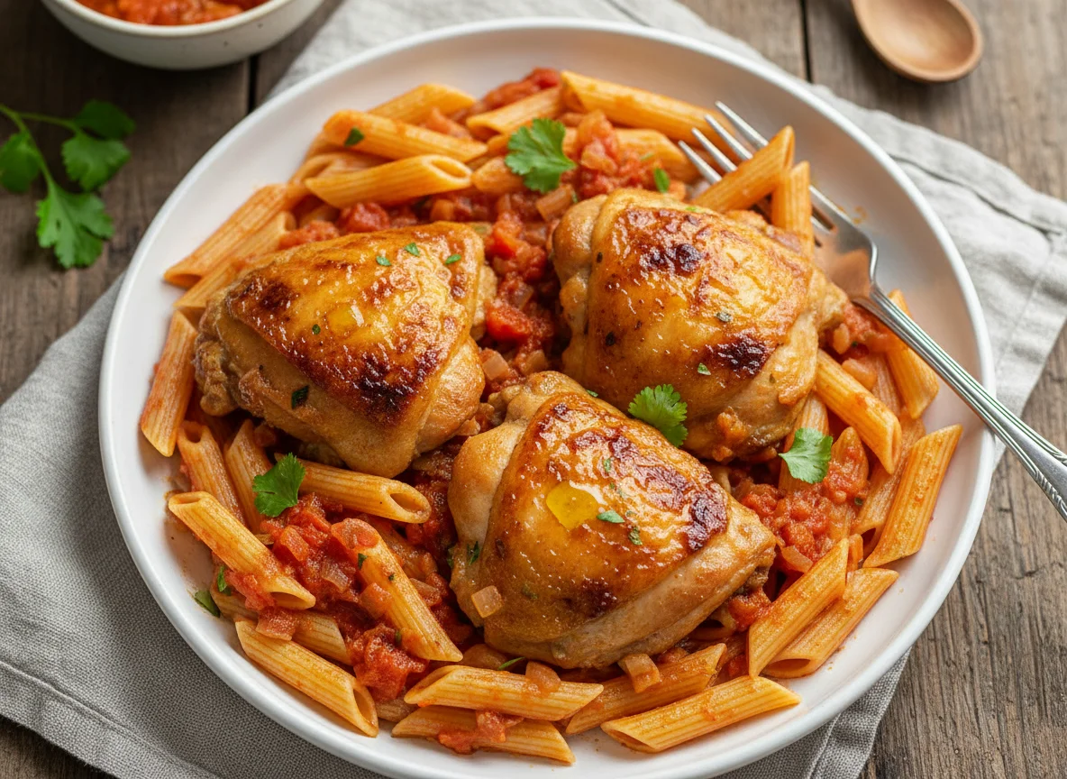 Frango estufado com massa Penne photo