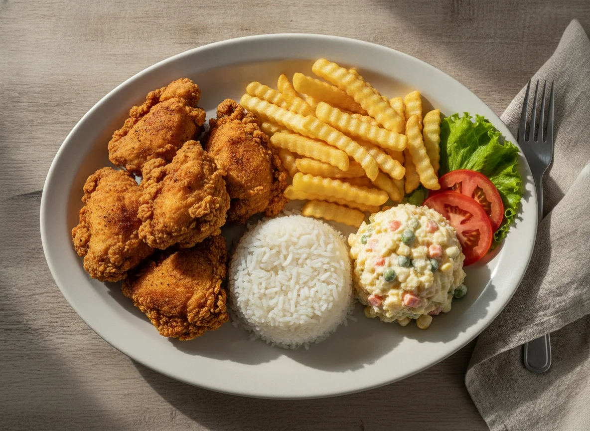 Frango frito com arroz, batata frita e salada de maionese photo