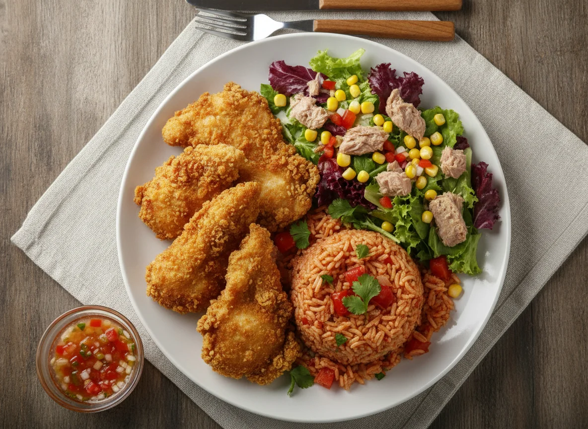 Frango frito com arroz de tomate e salada de atum photo