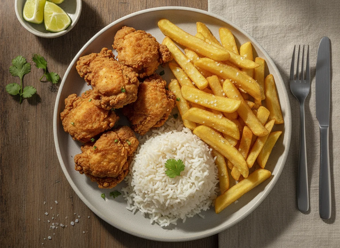 Frango frito com arroz e batata frita photo
