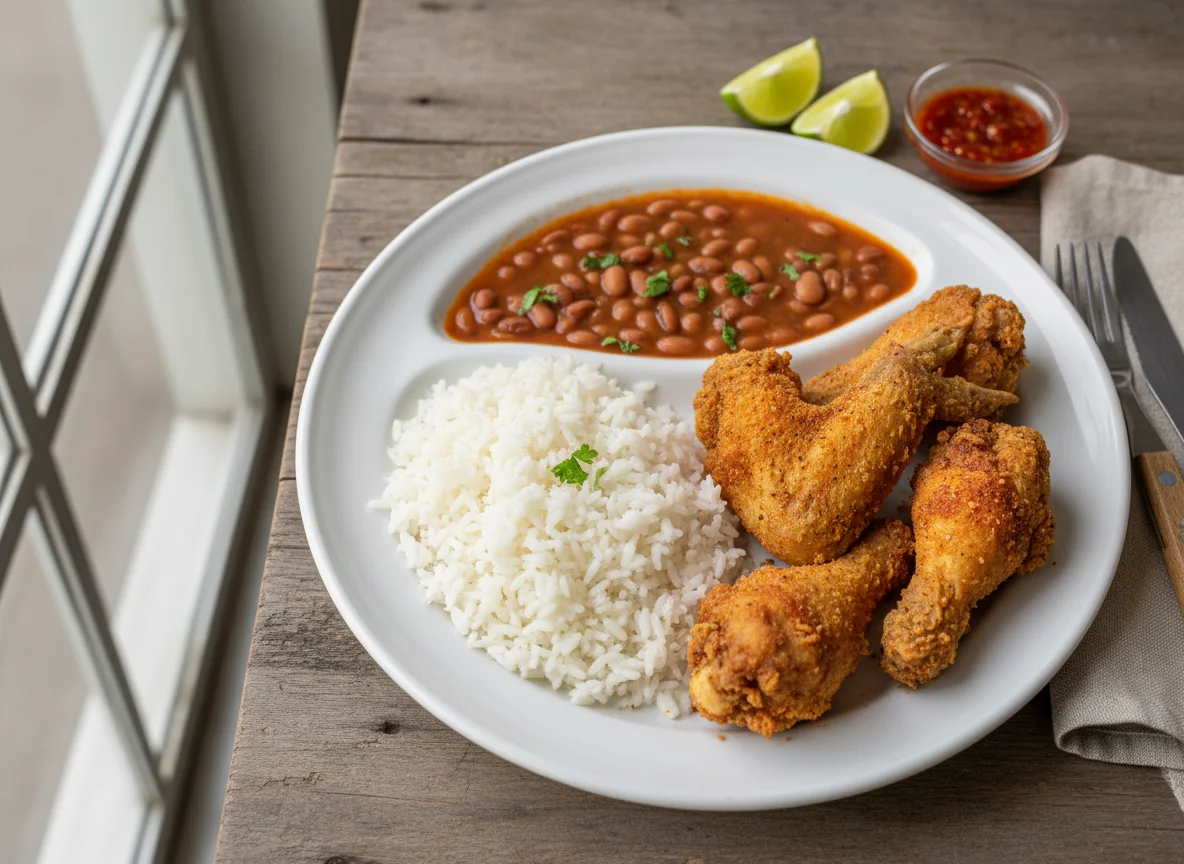 Frango frito com arroz e feijão photo