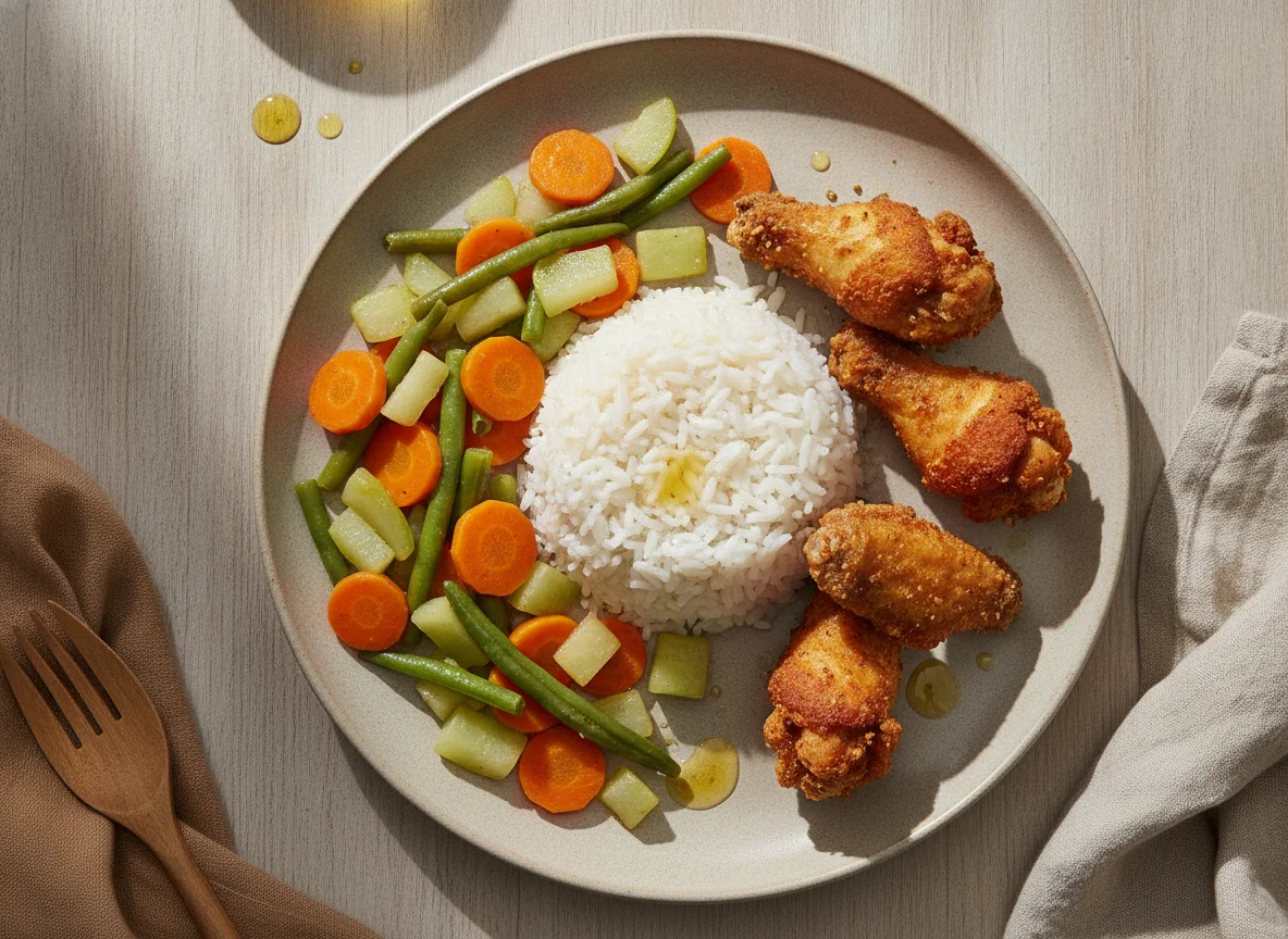 Frango frito com arroz e legumes photo