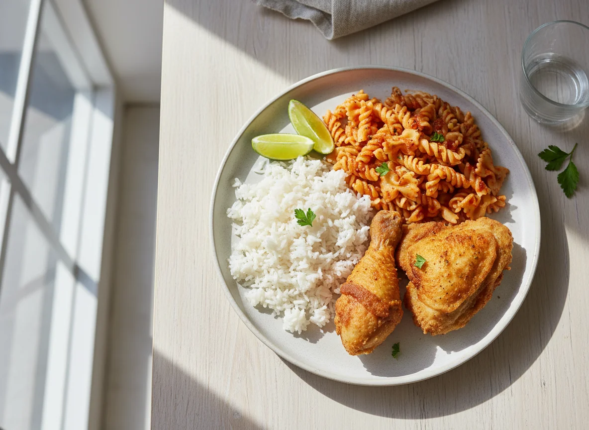 Frango frito com arroz e macarrão photo