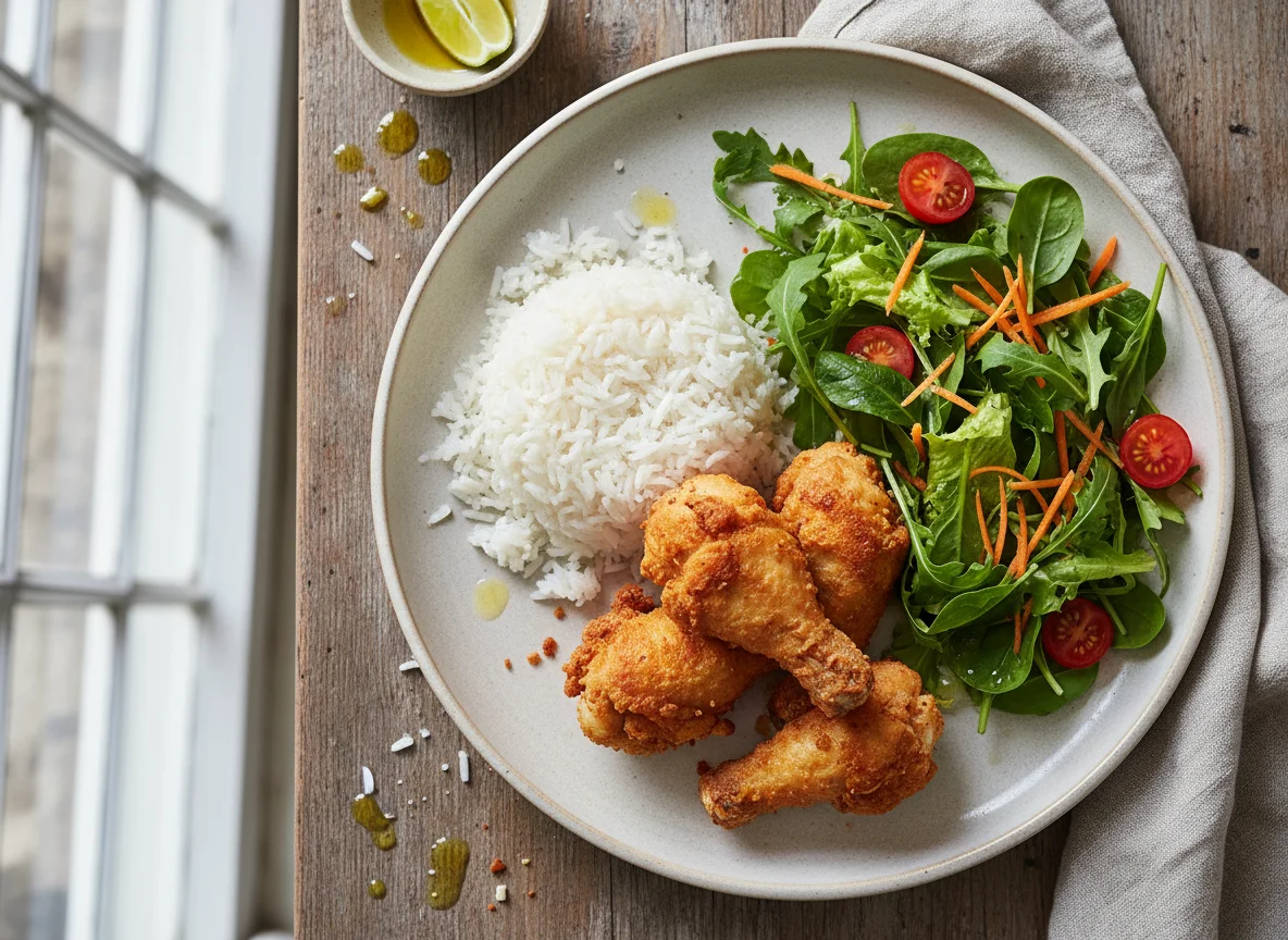 Frango frito com arroz e salada photo