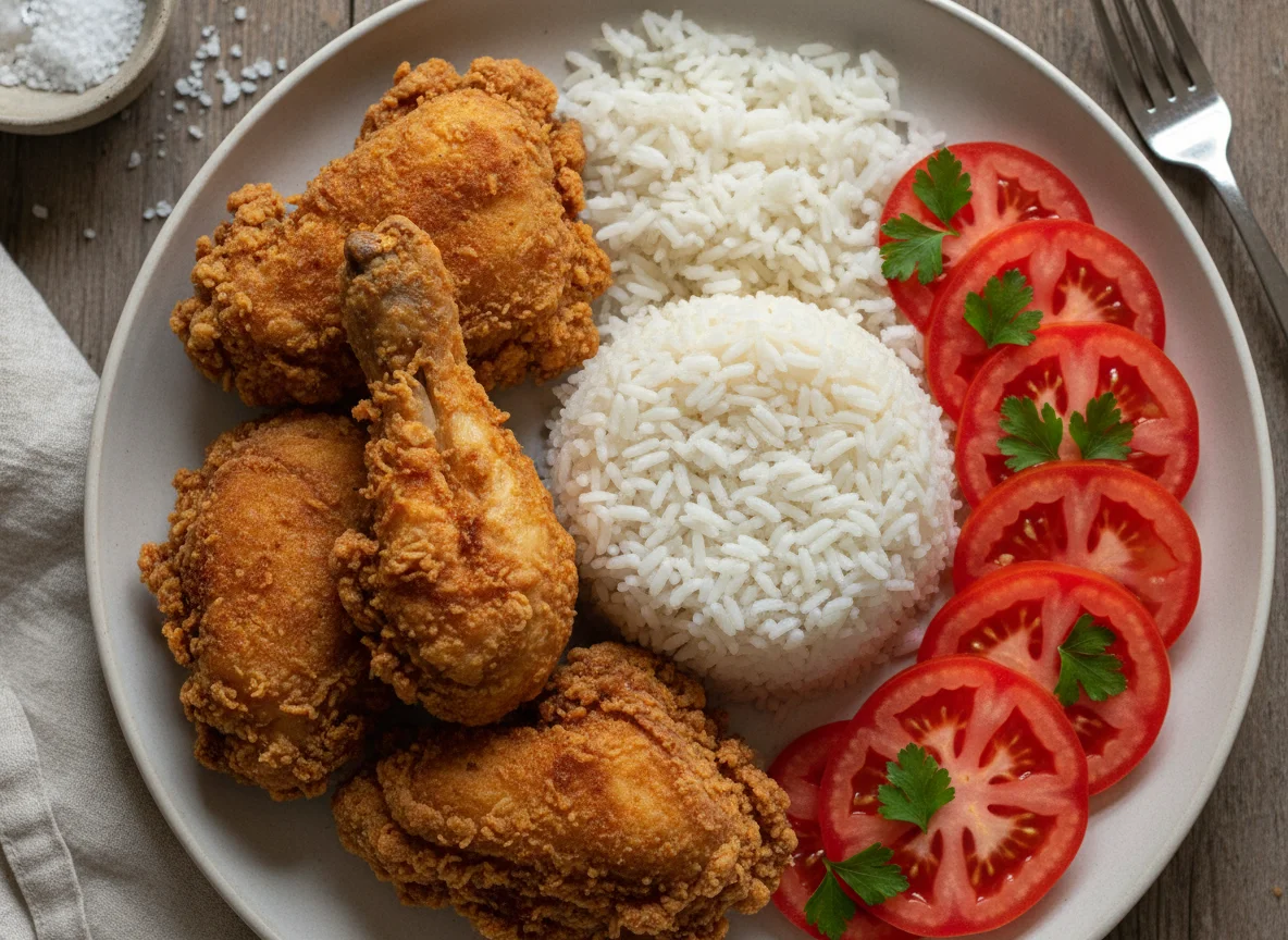 Frango frito com arroz e tomate photo