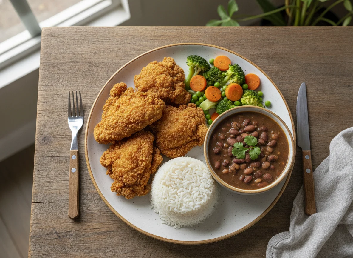 Frango frito com arroz, feijão e legumes photo