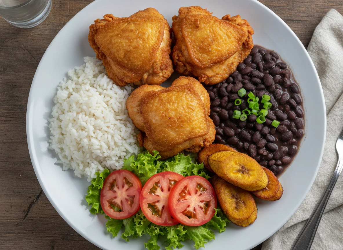 Frango frito com arroz, feijão e salada photo