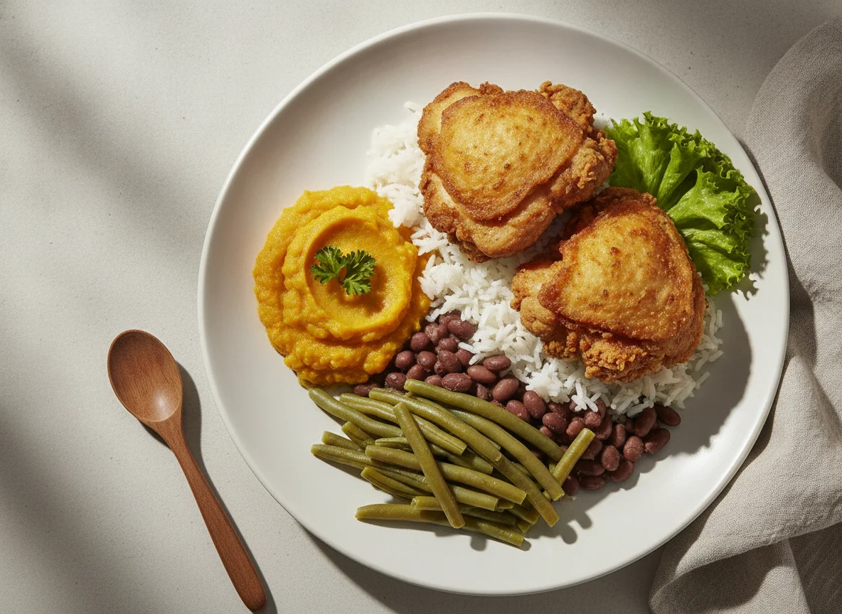 Frango frito com arroz, feijão, vagem e purê de abóbora photo