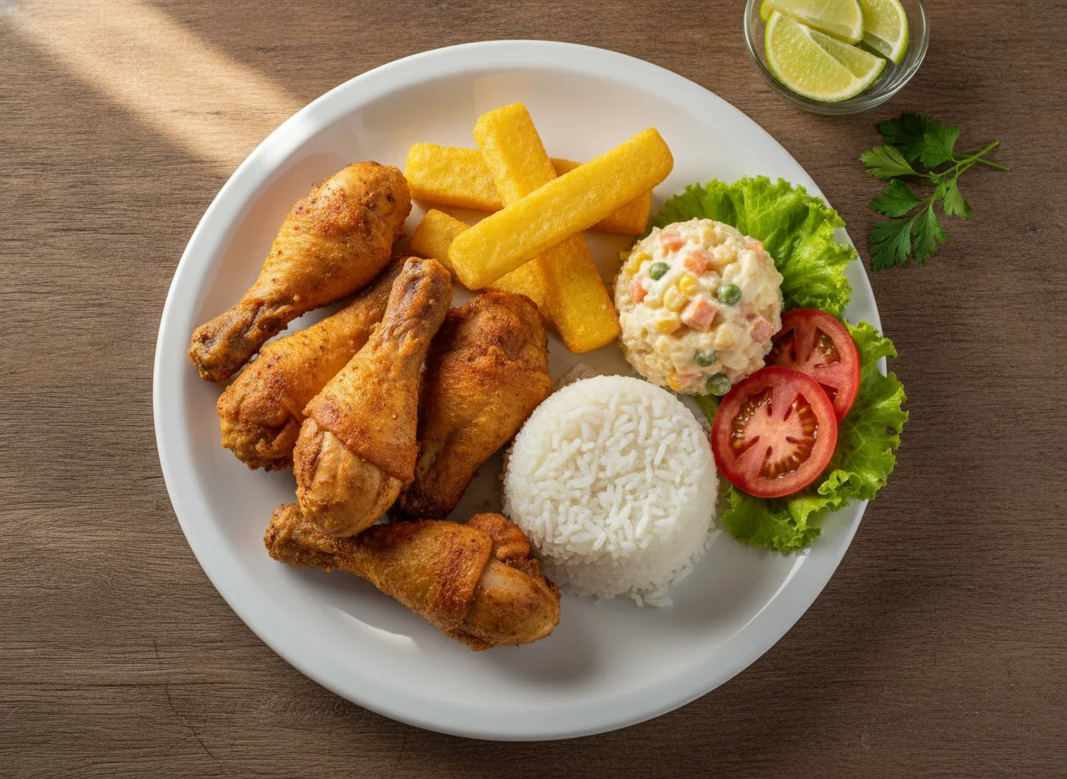 Frango frito com arroz, polenta e salada de maionese photo