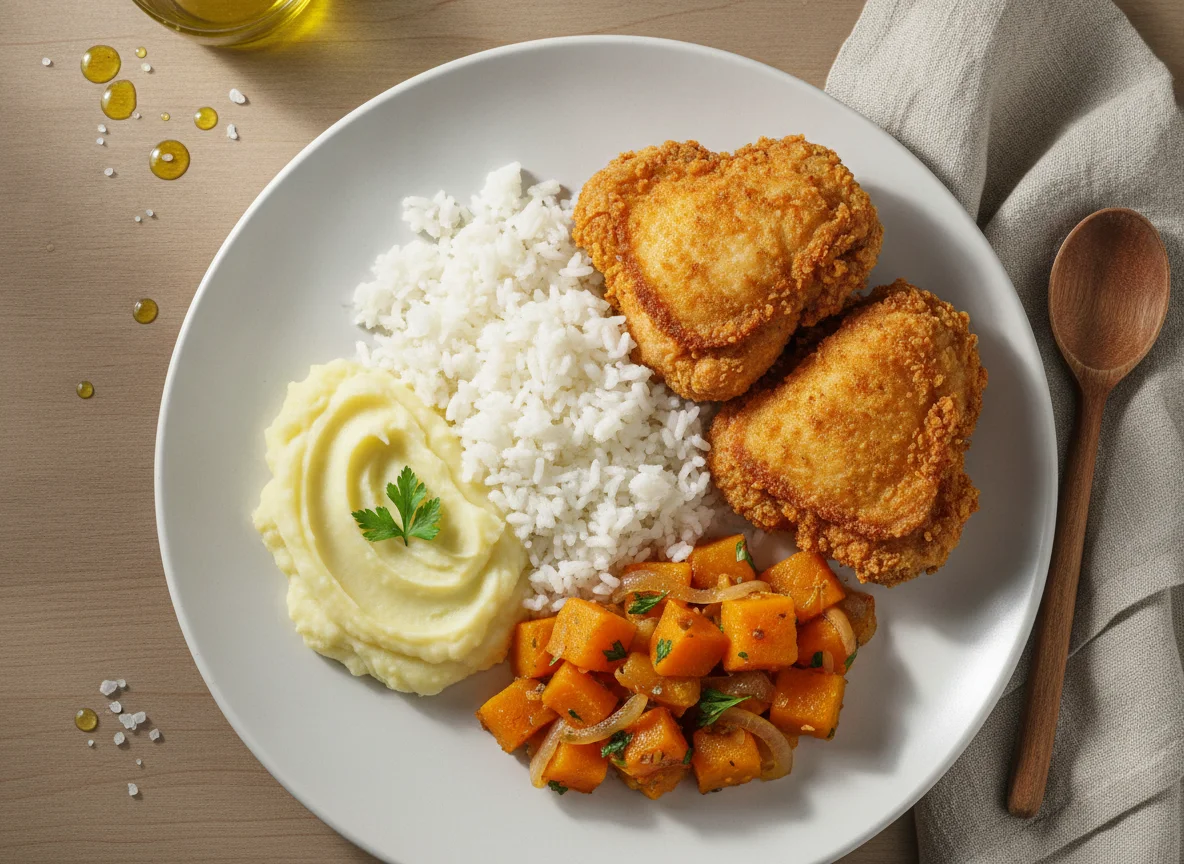 Frango frito com arroz, purê de batata e abóbora photo