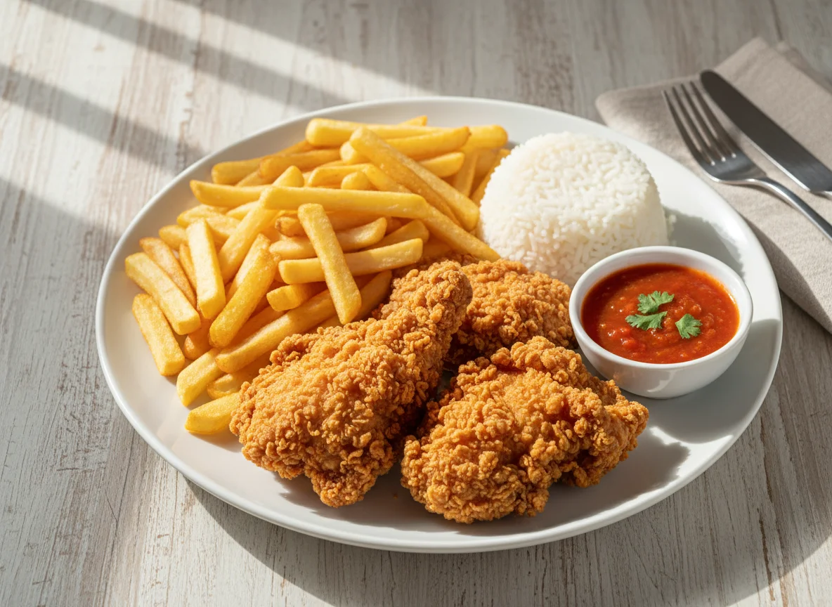 Frango frito com batata frita e molho photo
