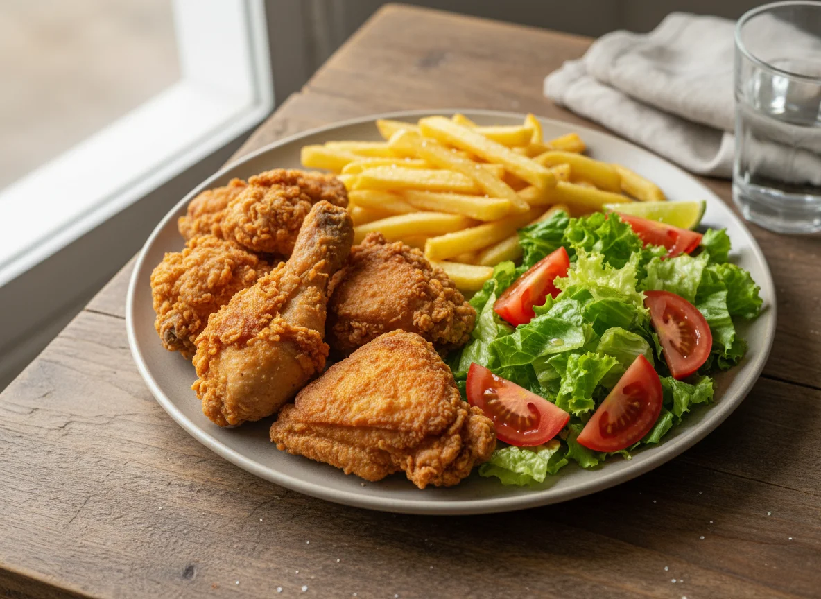 Frango frito com batata frita e salada photo