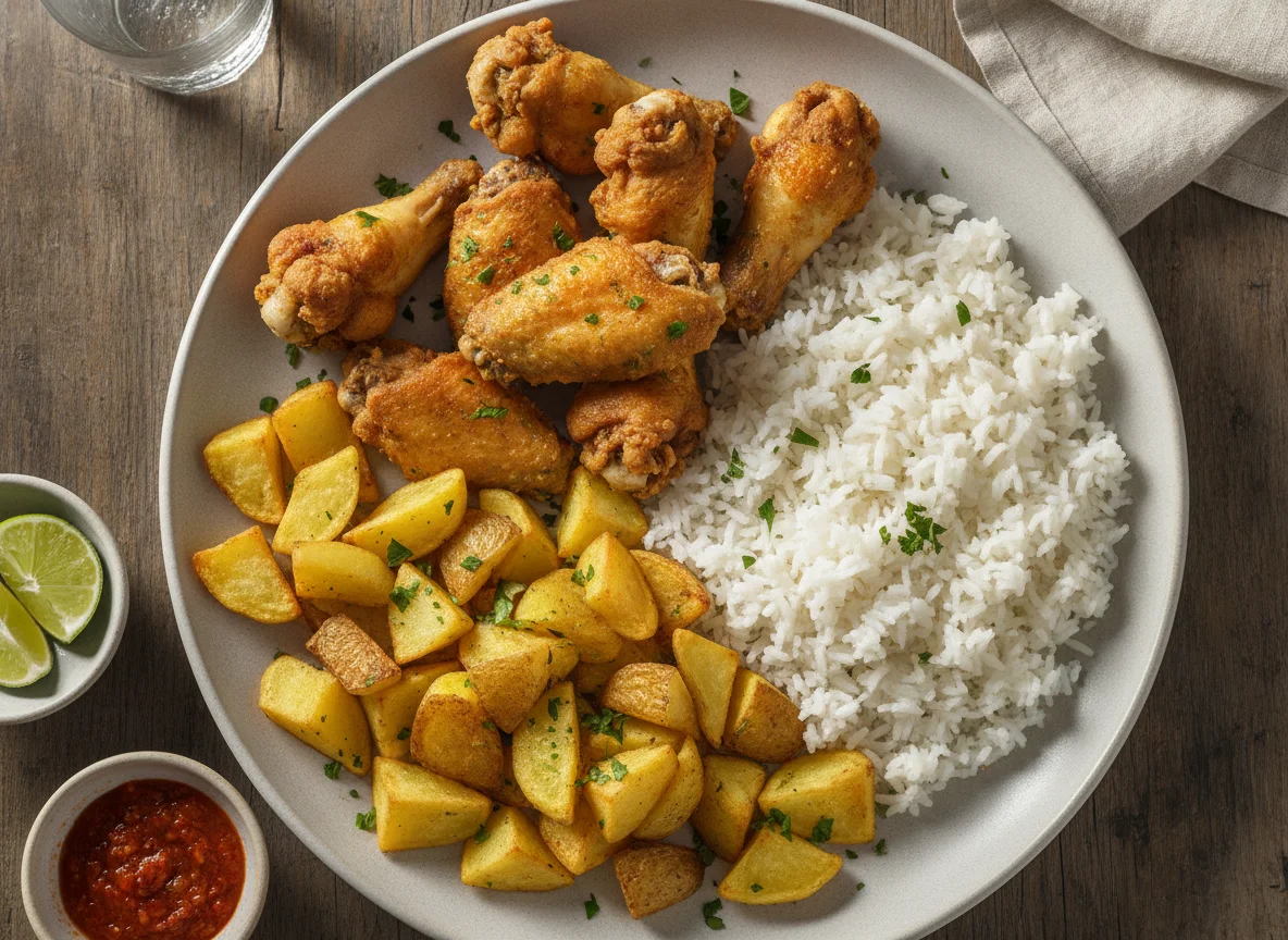 Frango frito com batatas e arroz photo