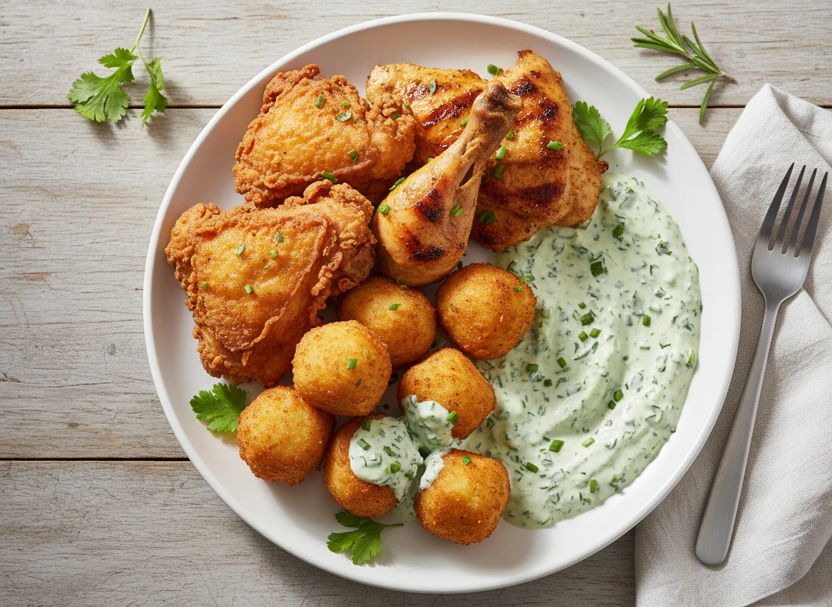 Frango frito com bolinhos e molho de ervas photo