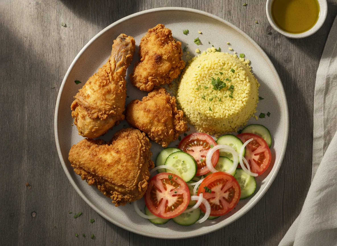Frango frito com cuscuz e salada photo