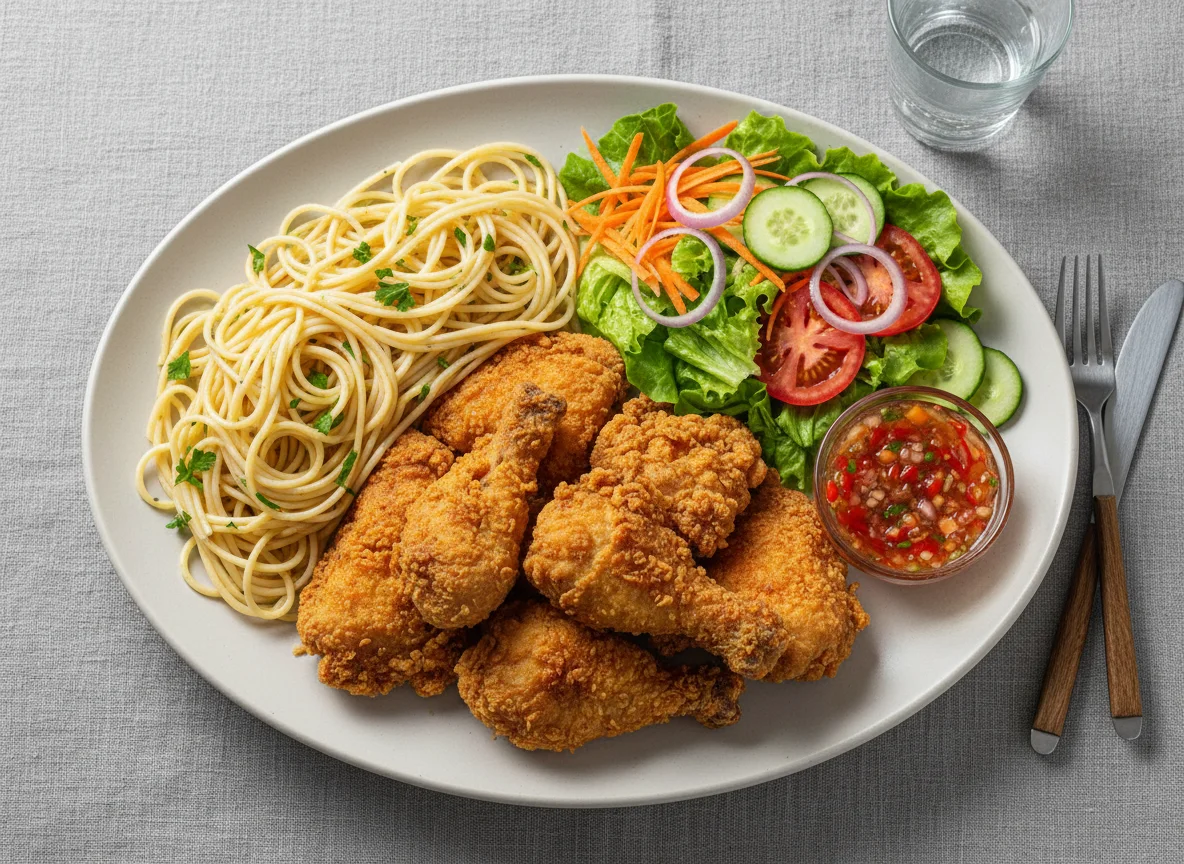 Frango frito com macarrão e salada photo