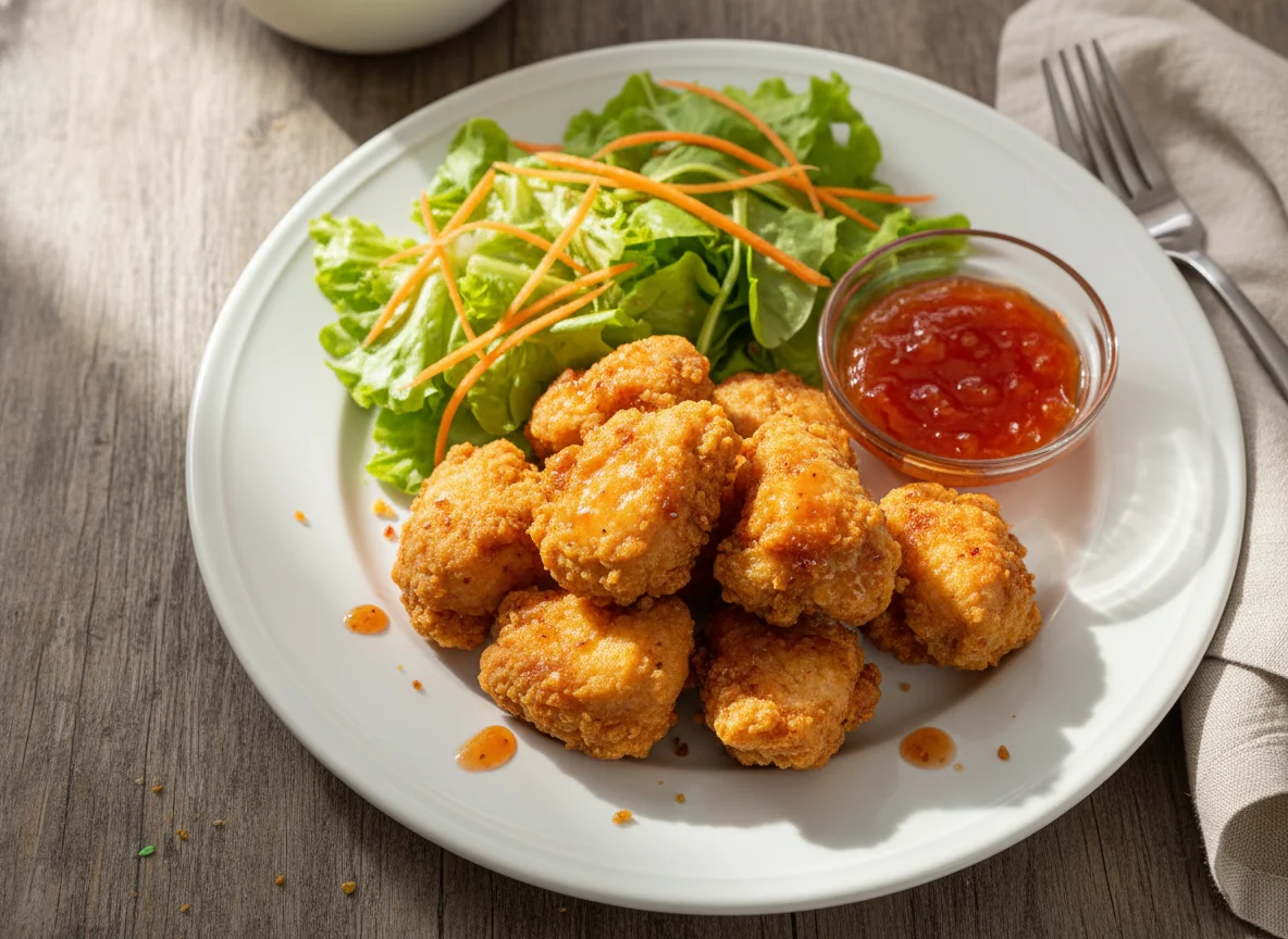 Frango frito com molho e salada photo