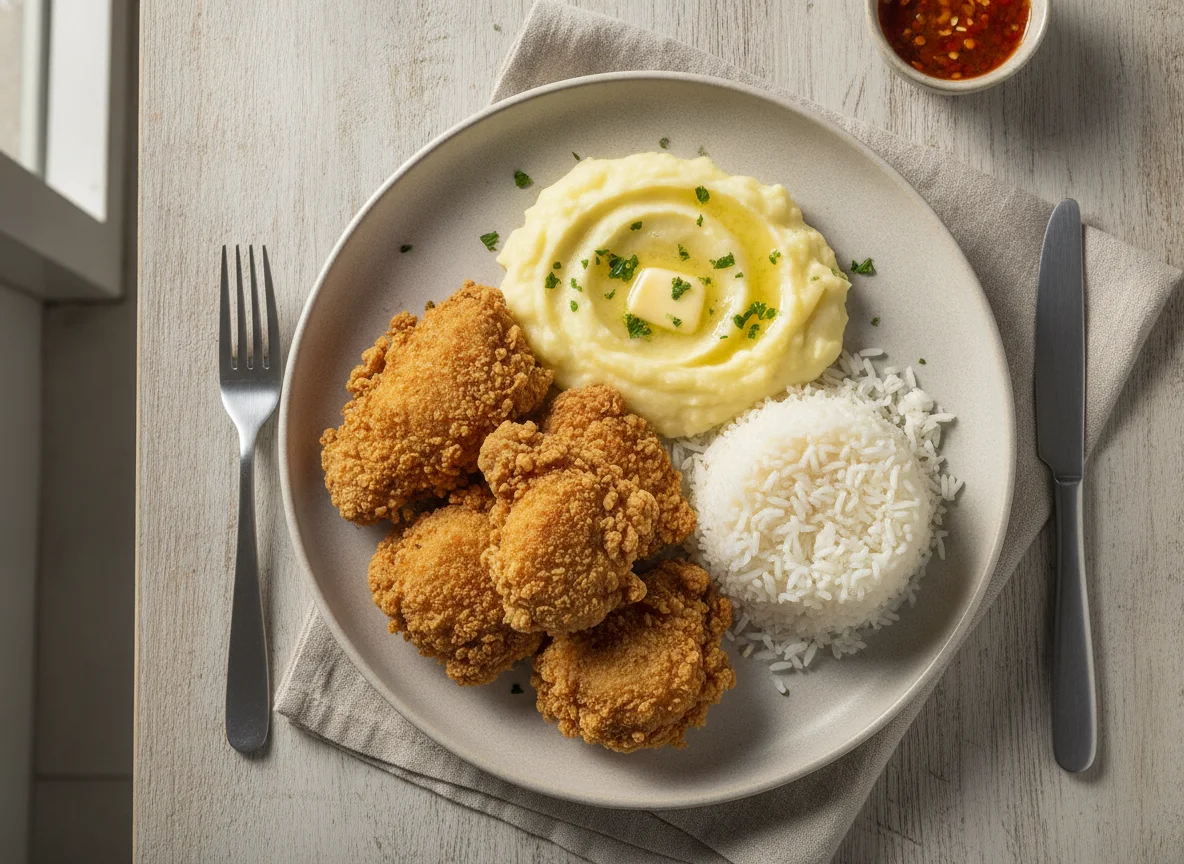 Frango frito com purê de batata e arroz photo