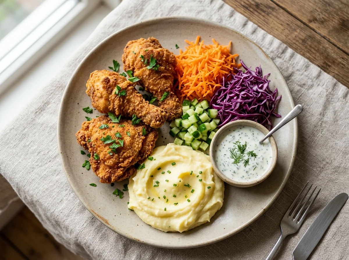 Frango frito com purê e salada photo