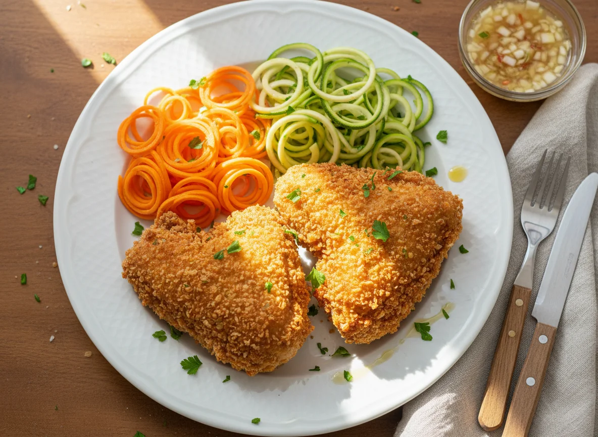 Frango frito com salada de cenoura e abobrinha photo