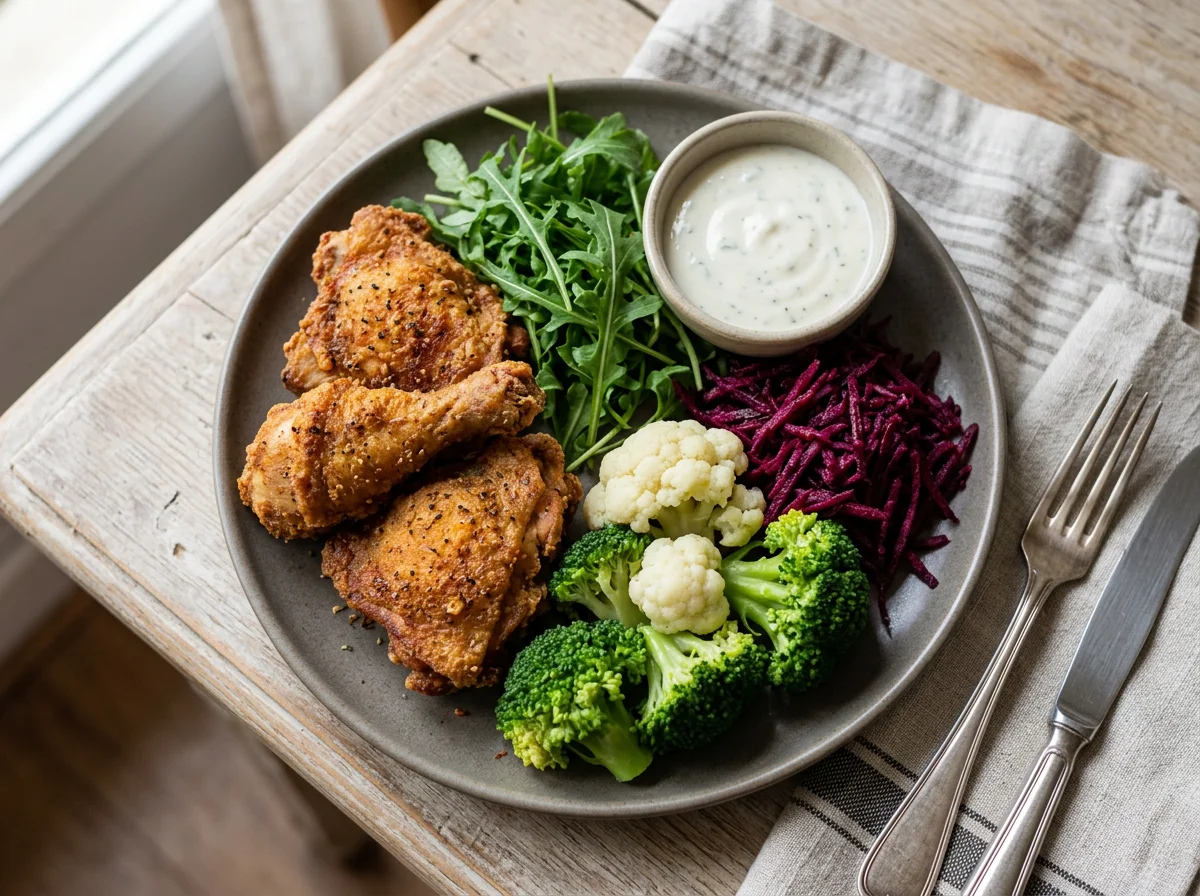 Frango frito com salada e molho photo