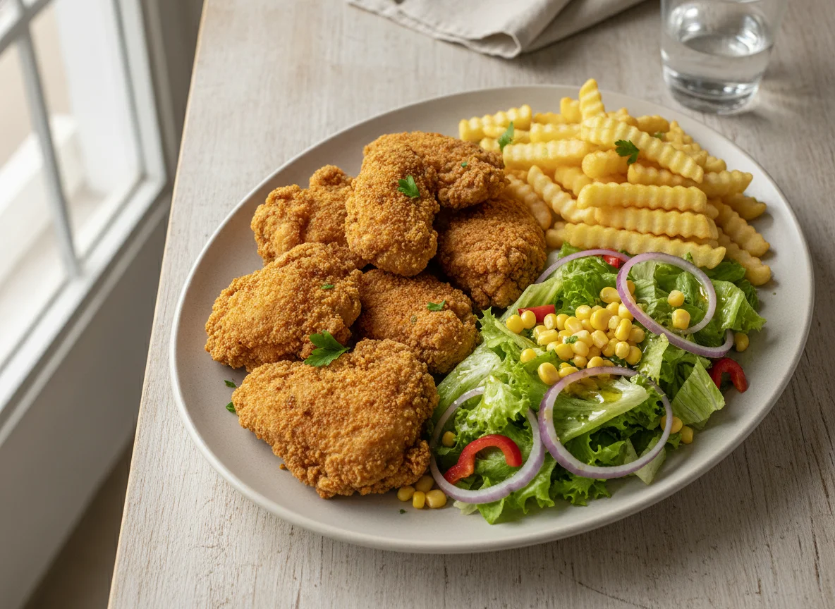 Frango frito com salada mista e batatas photo