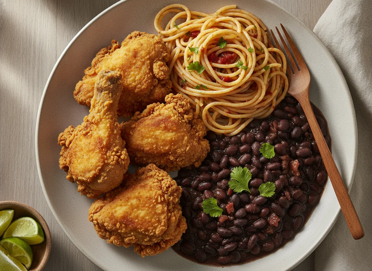 Frango frito, espaguete e feijão preto photo