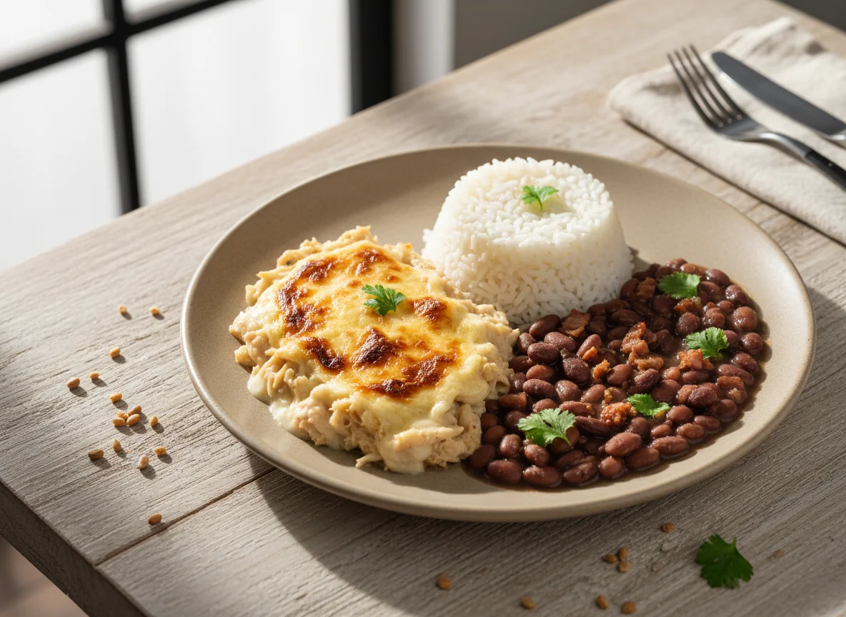 Frango gratinado com arroz e feijão photo