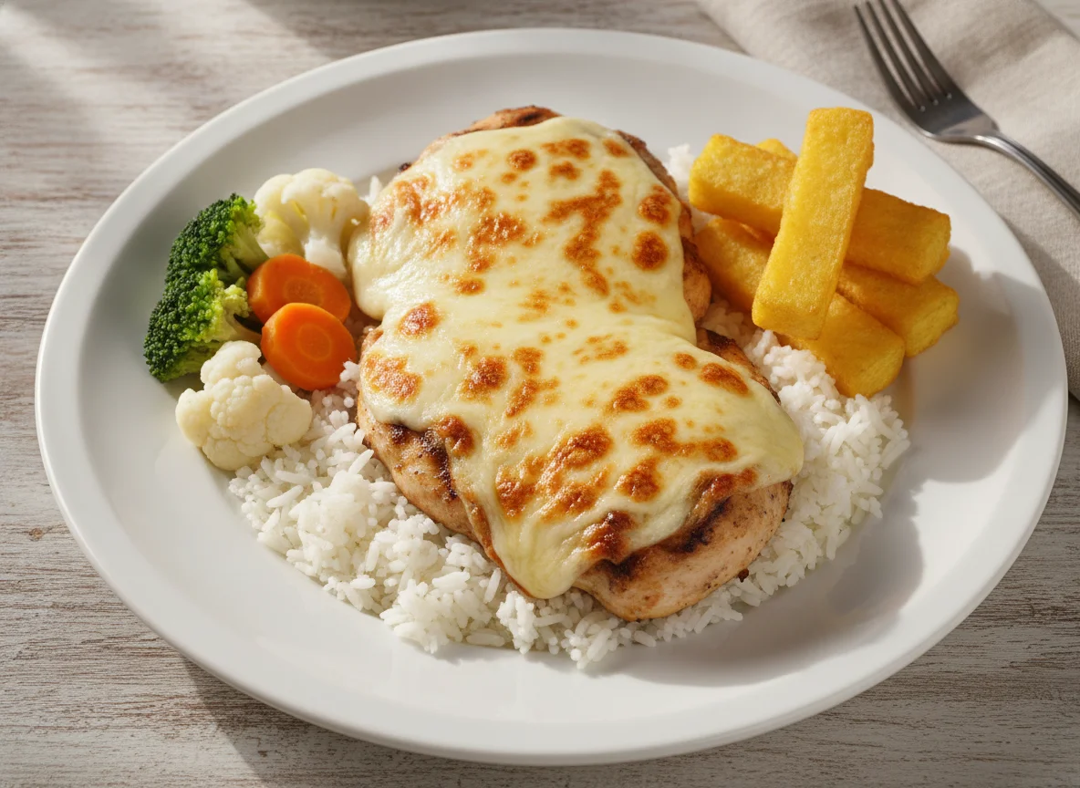 Frango Gratinado com Arroz, Legumes e Polenta Frita photo