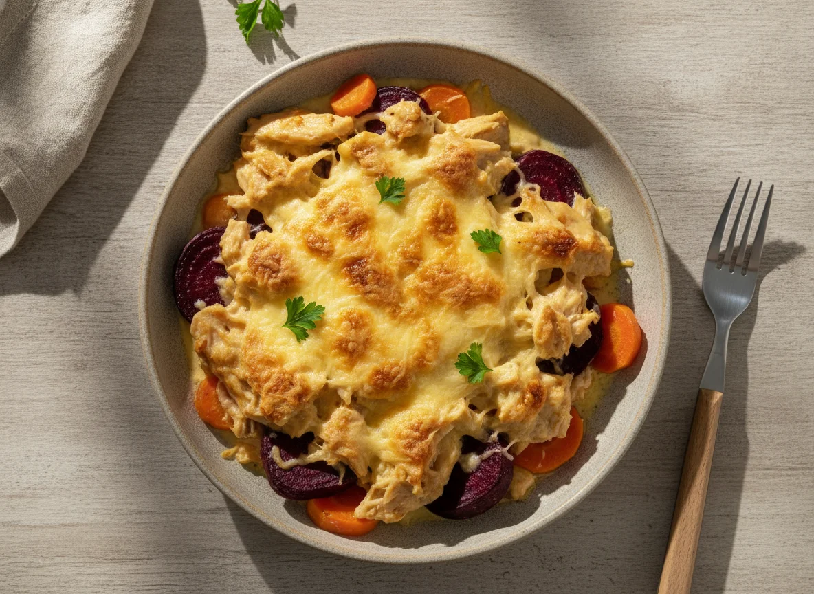 Frango gratinado com cenoura e beterraba photo