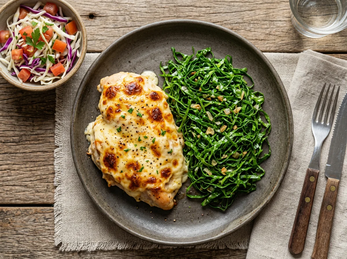 Frango gratinado com couve refogada e salada de repolho photo