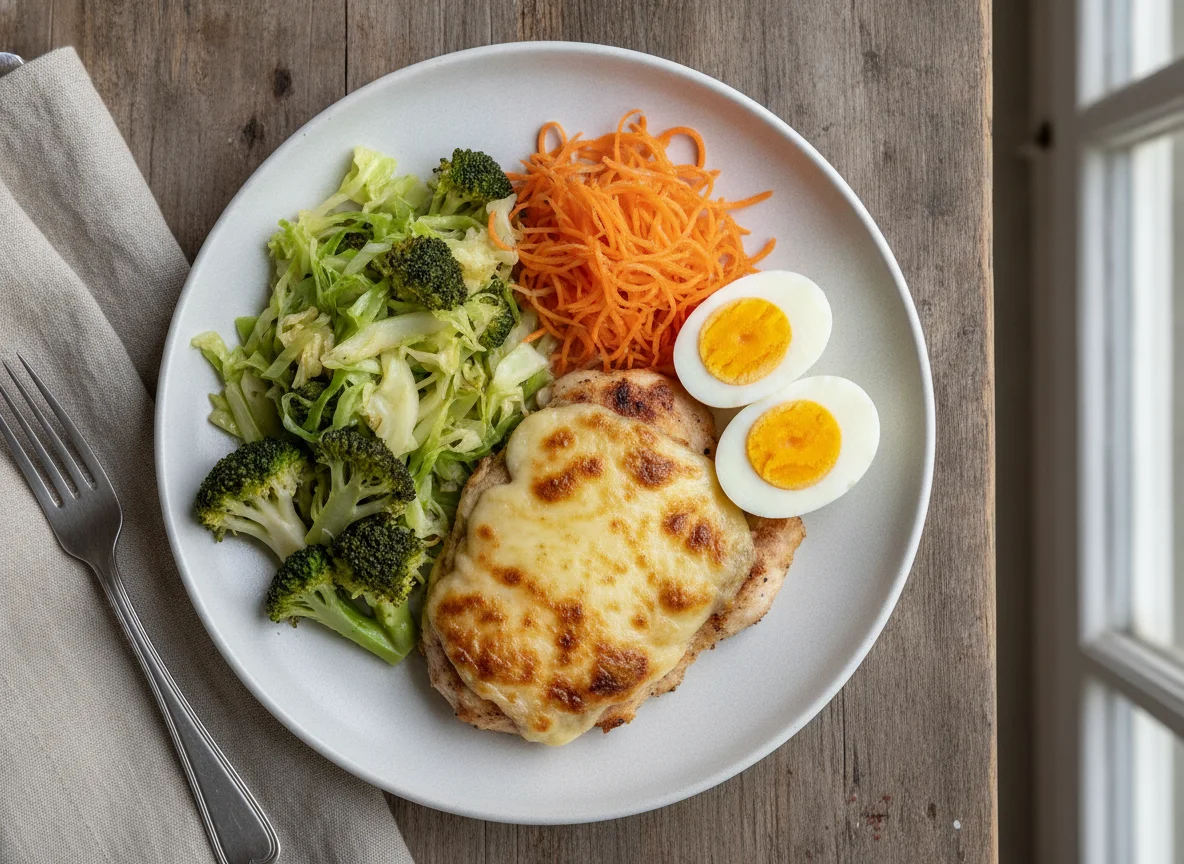 Frango gratinado com legumes e ovo cozido photo
