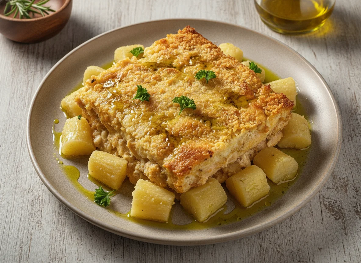 Frango gratinado com mandioca cozida photo