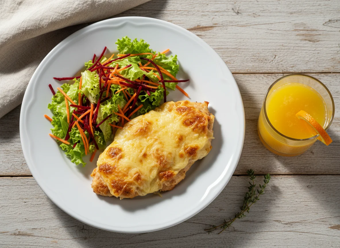 Frango gratinado com salada e suco de laranja photo