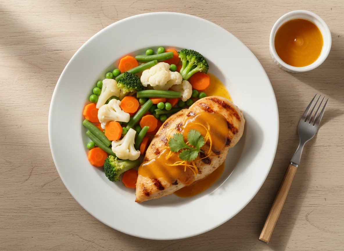 Frango grelhado a molho de laranja com seleta de legumes photo