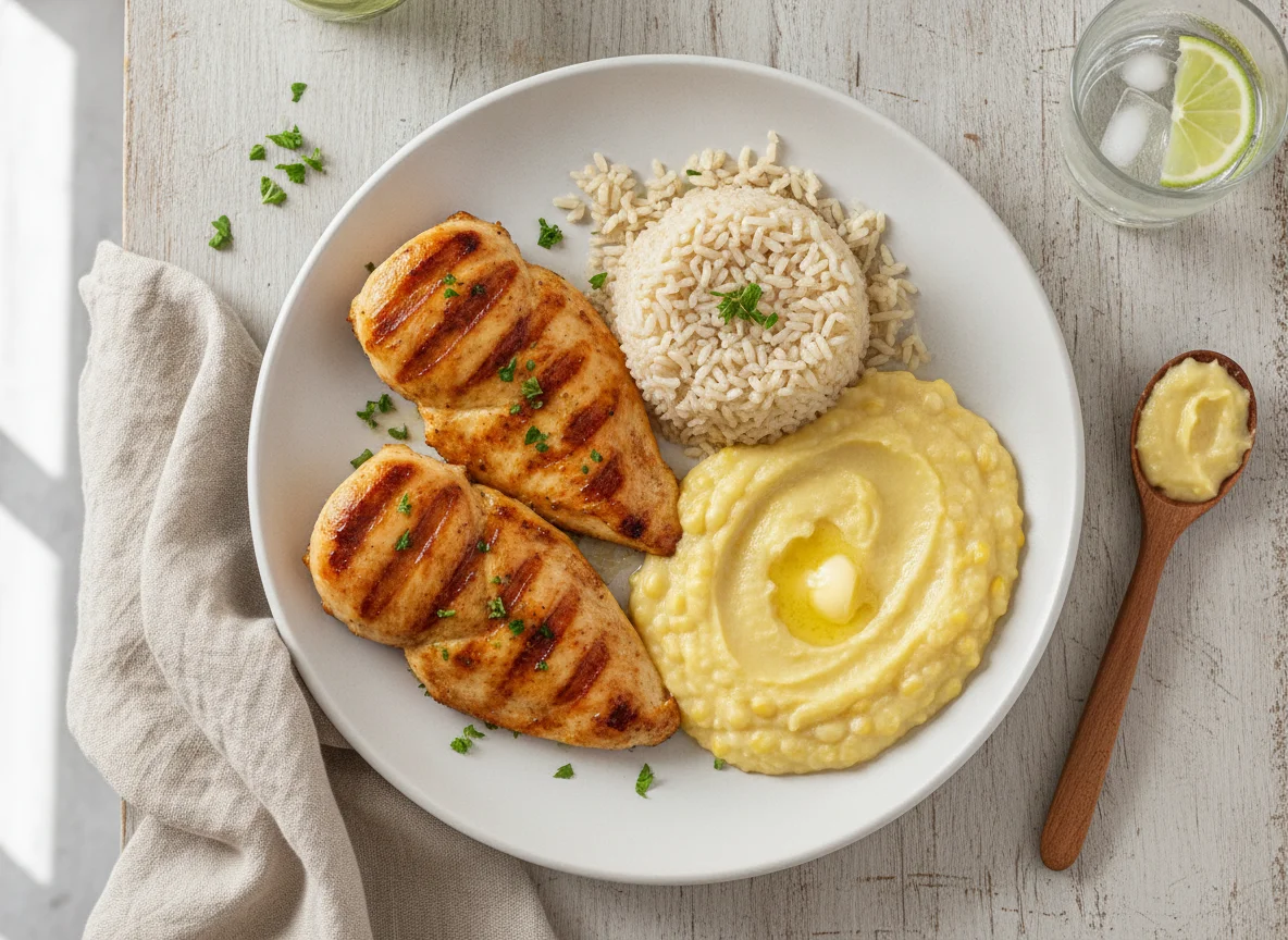Frango grelhado, arroz integral e creme de milho photo