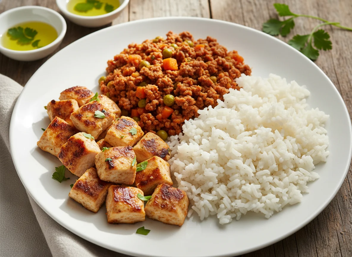 Frango grelhado, carne moída com legumes e arroz branco photo