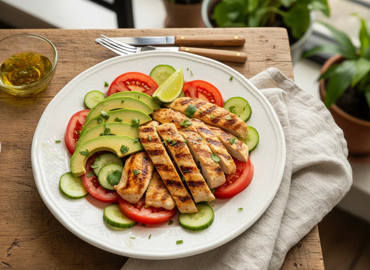 Frango grelhado com abacate, tomate e pepino photo