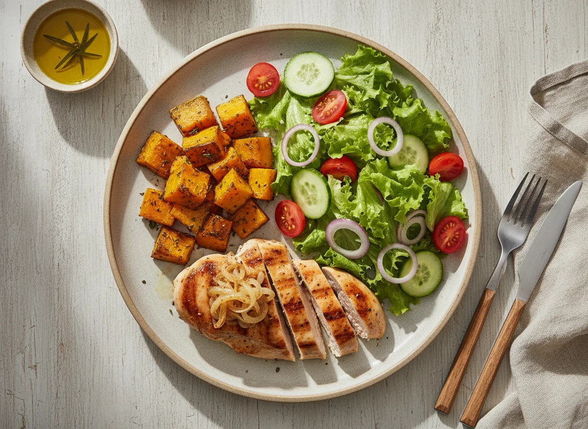 Frango grelhado com abóbora assada e salada photo