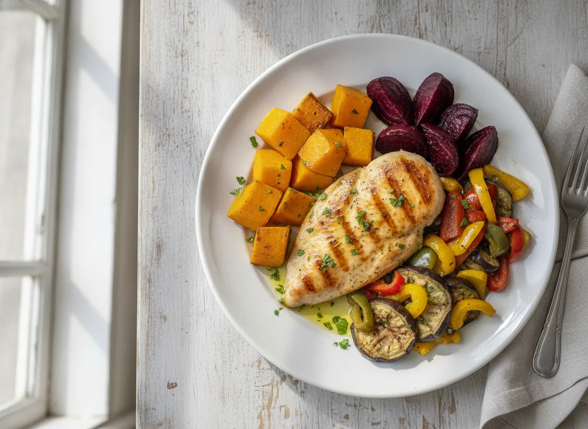 Frango grelhado com abóbora, beterraba e legumes photo