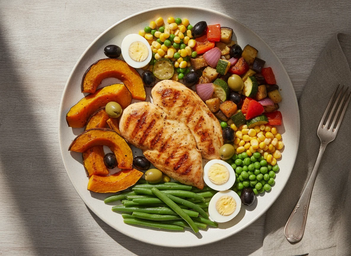 Frango grelhado com abóbora cabotiá e legumes photo