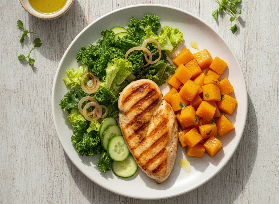 Frango grelhado com abóbora cabotiá e salada photo