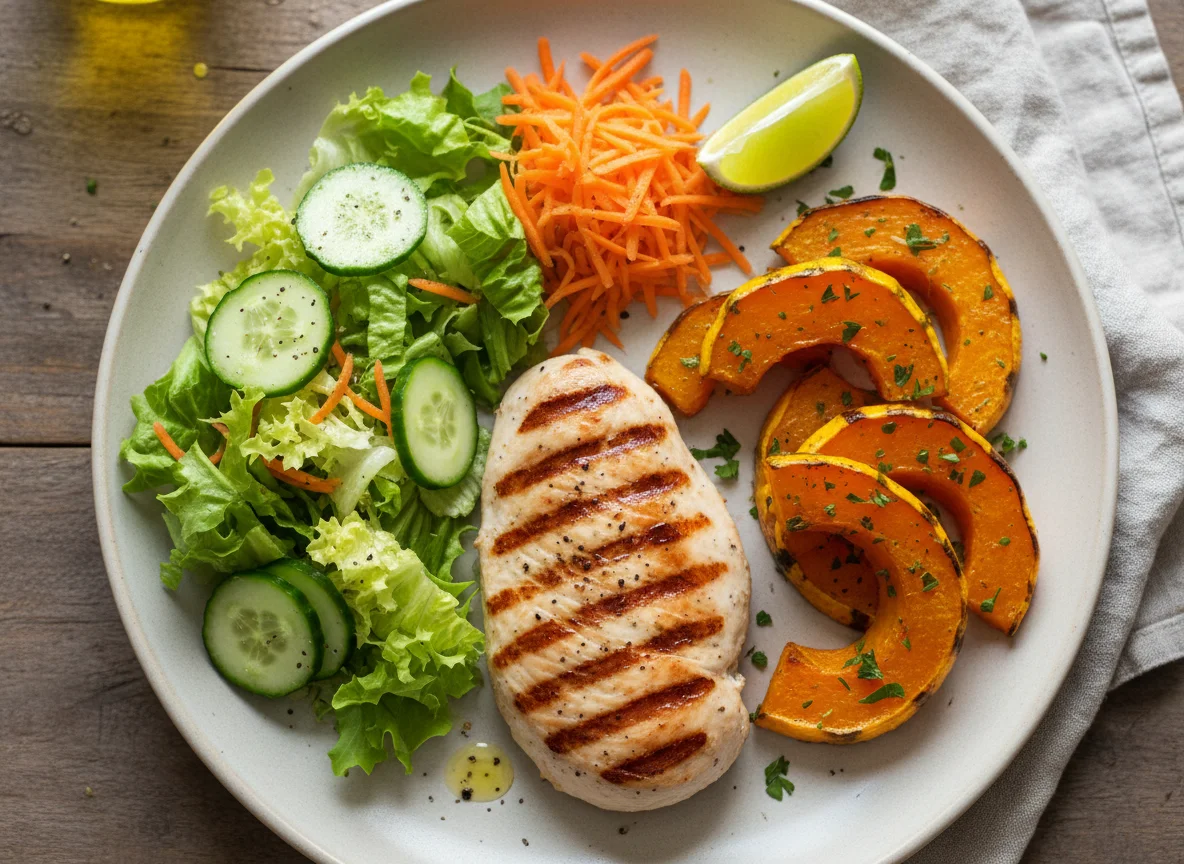 Frango grelhado com abóbora e salada photo