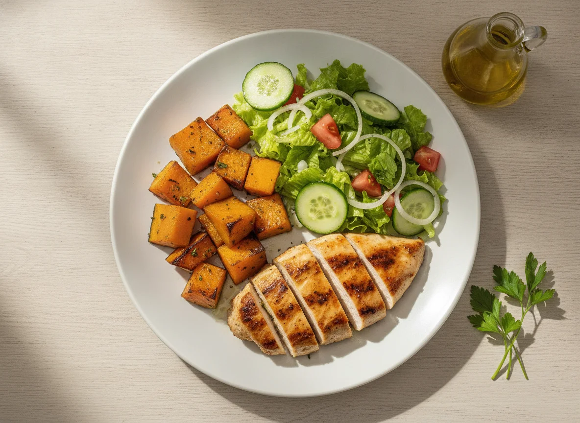 Frango grelhado com abóbora e salada mista photo