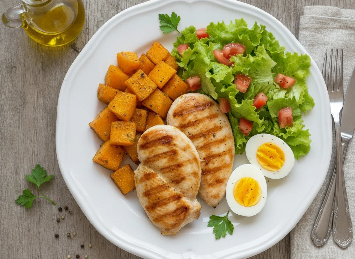 Frango grelhado com abóbora, ovos e salada photo
