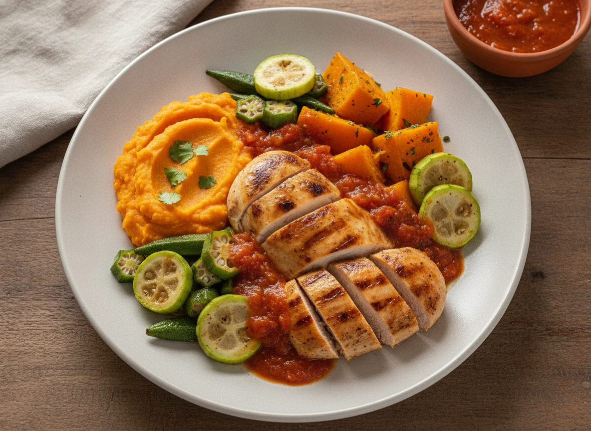 Frango grelhado com abóbora, quiabo e batata-doce photo
